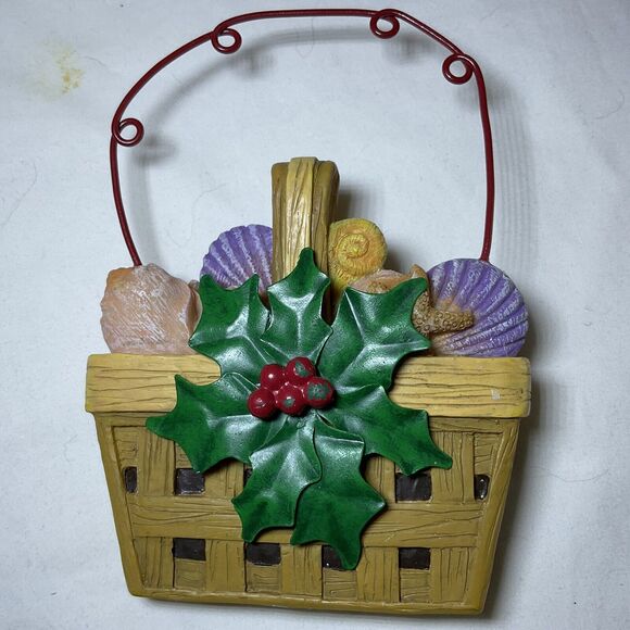 Handled Woven Tan Basket of Sea Shells with Holly Leaf & Berries Xmas Ornament - Picture 2 of 3